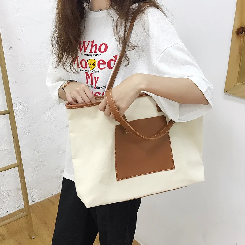 Custom Summer New cotton tote bag large capacity women's shopping bag with Pu Handle
