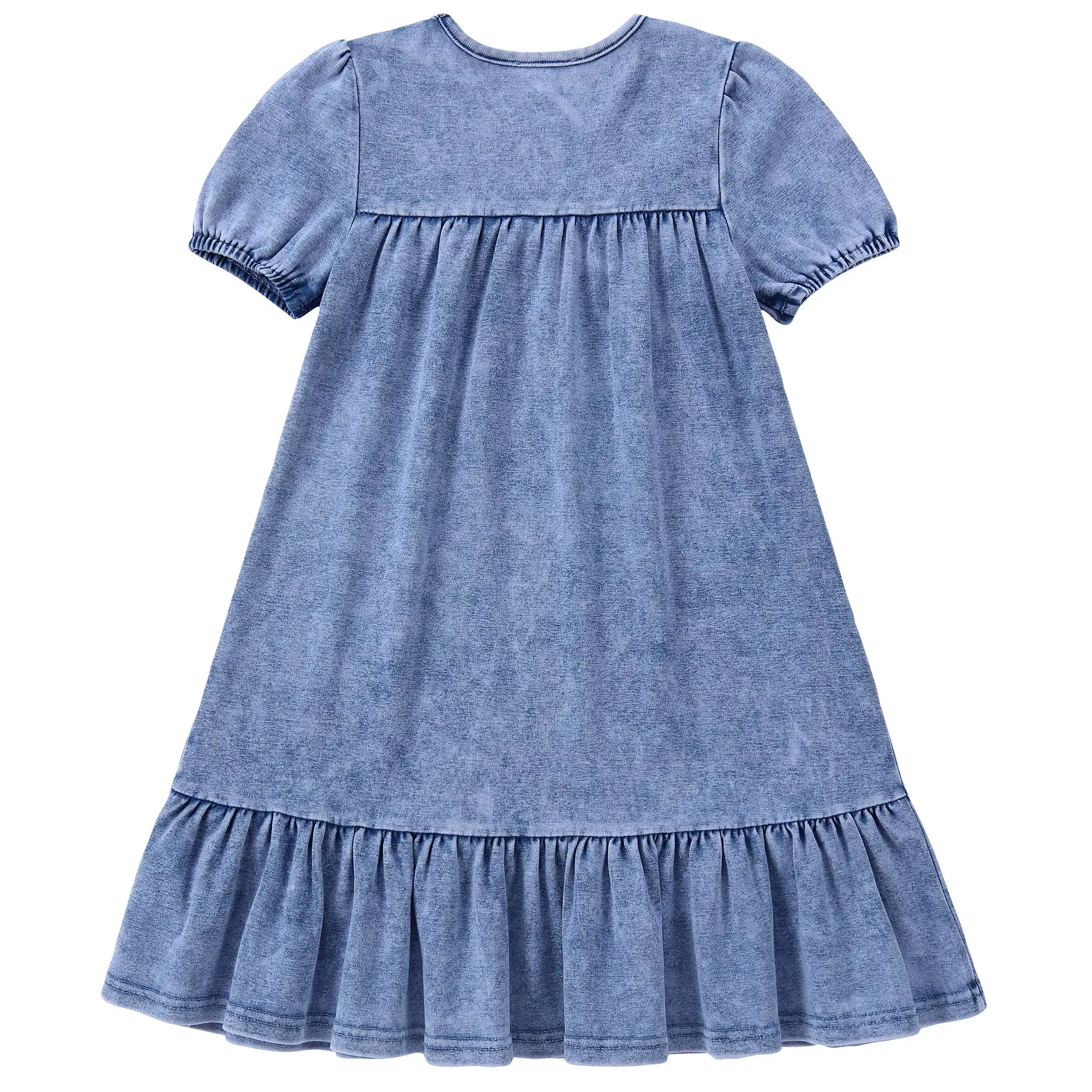 Custom puffy short sleeve quality girl child dress with tier bottom summer strech acid wash denim kids dresses