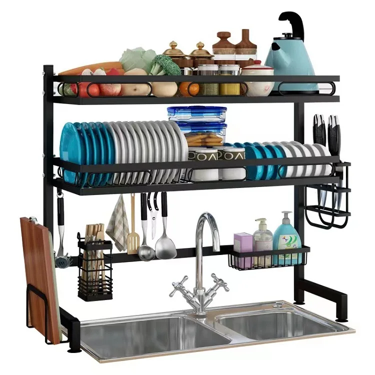 Stainless Steel Dish Drying Rack Over Sink Kitchen Storage Shelf Holder Organizer Custom Multi Size for Non-folding Rack Black
