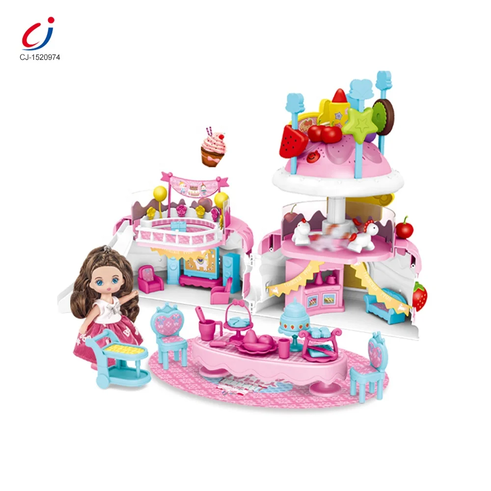 Children furnitures pink color playing family dolls plastic girls pretend house