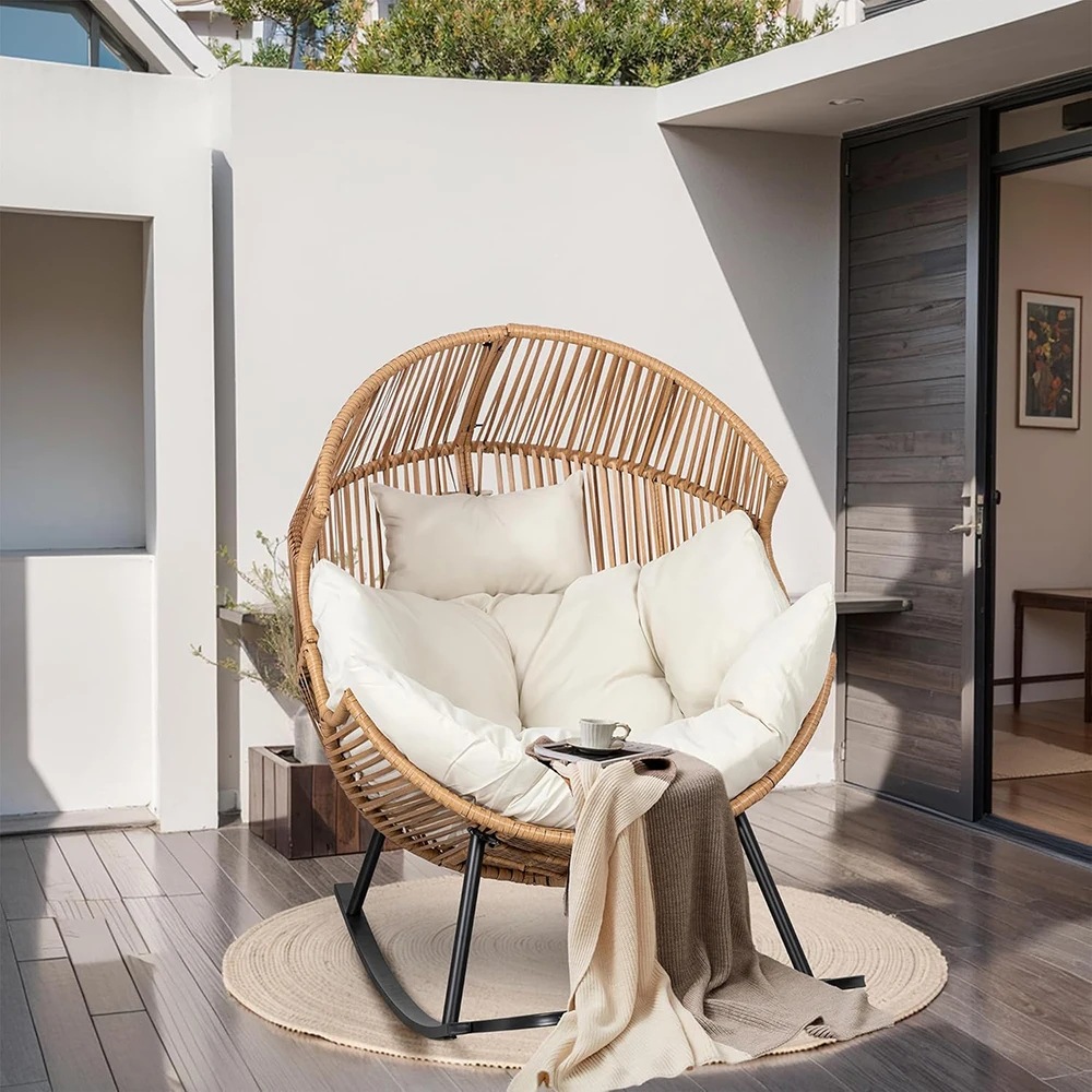 product nu deco modern egg chair outdoor rocking wicker patio oversized lounger cushion living room bedroom backyard balcony beige-2