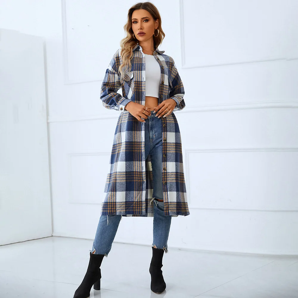 hotsale Best Design Womens Winter Coat Women's Casual Lapel Button Long Plaid Shirt Coat Tartan Jacket Women