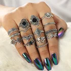 Ring Bohemian Ring Set Bohemian Women Ring Set 15pcs/set Retro Crystal Flower Leaves Hollow Lotus Gem Silver Ring Set