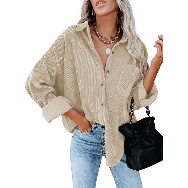 Womens Corduroy Button Down Shacket Casual Long Sleeve Shirt Jacket Oversized Blouses Tops 