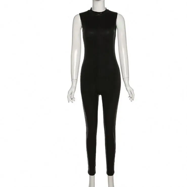 Designer Clothes Streetwear Black Bodycon O-neck Bodysuit Sexy High Waist Sleeveless Leather Jumpsuit Women