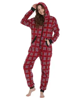 Unisex Check Onesie Christmas Zip Up Matching Onesie Hooded Pajamas One Piece Non-Footed Jumpsuit Adult Teenager