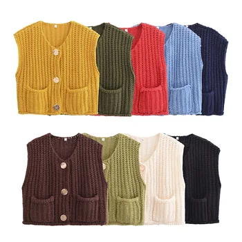 women's coarse needle knitted V-neck three buckle decorative vest multi-color vest