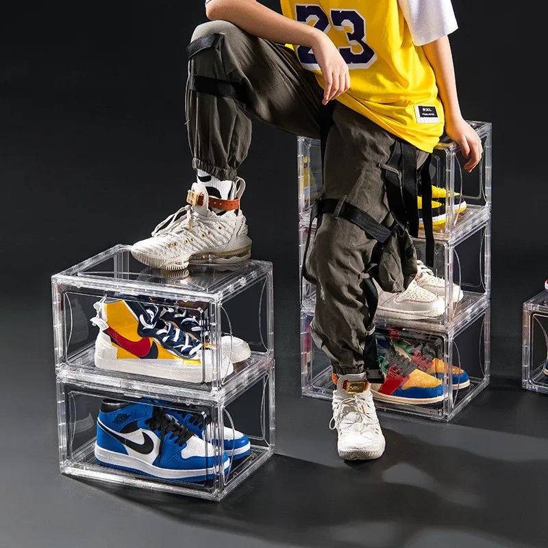 Plastic Sneaker Shoebox Magnetic Basketball Shoes Collection Display Cabinet Stackable Clear Shoe Box