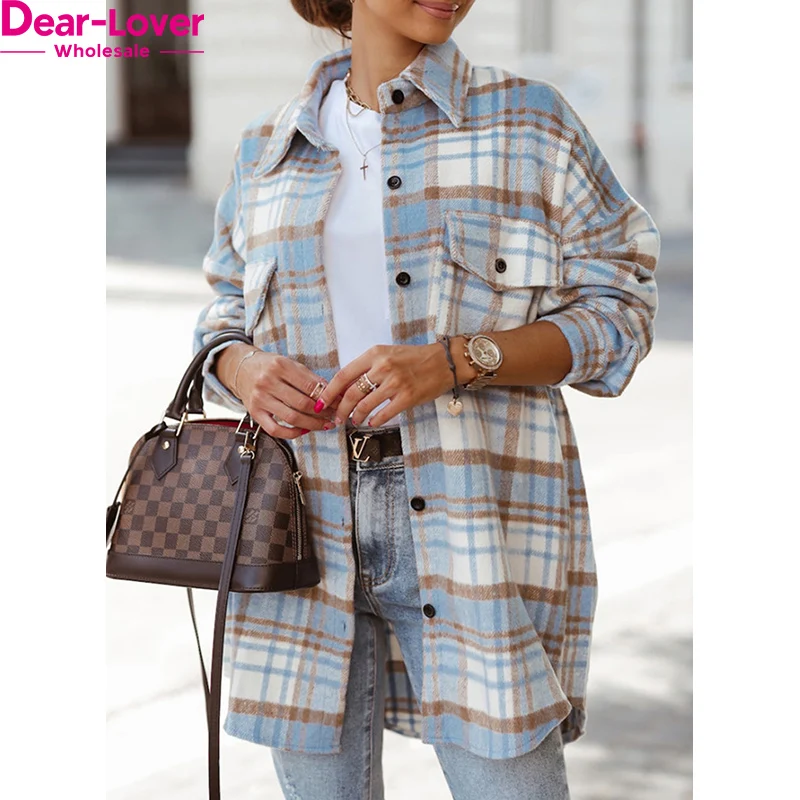 Dear-Lover Oem Odm Custom Logo Long Jackets Plaid Flap Pocket Long Sleeve Shacket Women