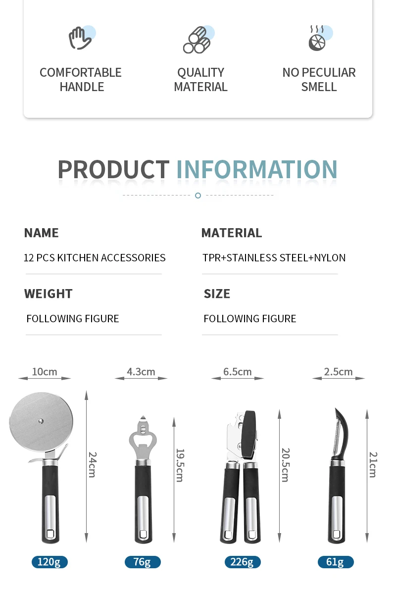 Wholesale Popular 12 Piece Kitchen Accessories Set Cook tools Heat Resistant Nylon Utensil With Stainless Steel Kitchenware