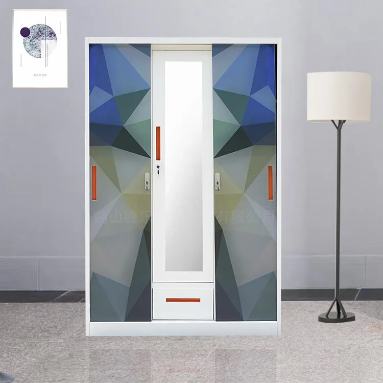 Digital Printed Steel Sliding Door 3-Door Wardrobe with Metal Mirror Flower Printed Almirah at an Affordab