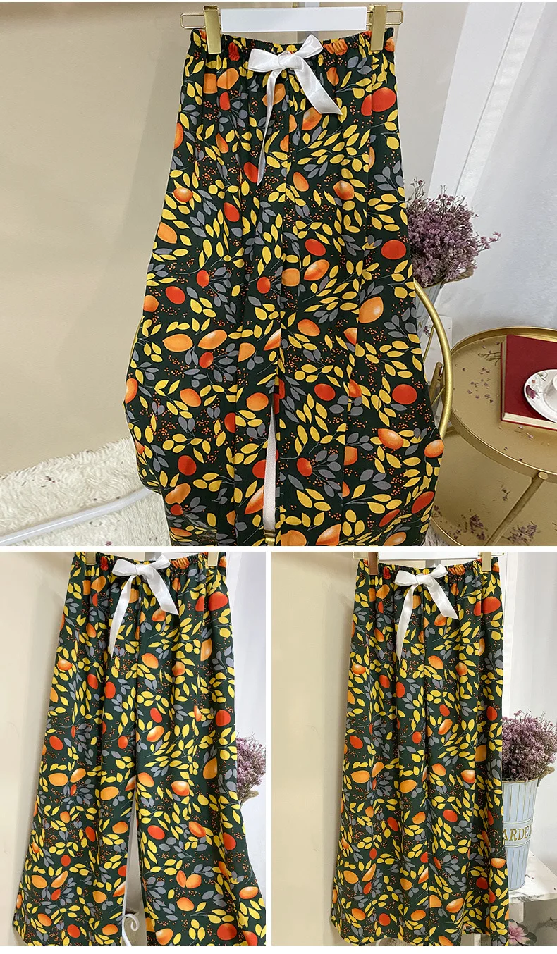 New design casual women autumn flower print pants drawstring square long wide leg pants women plus size