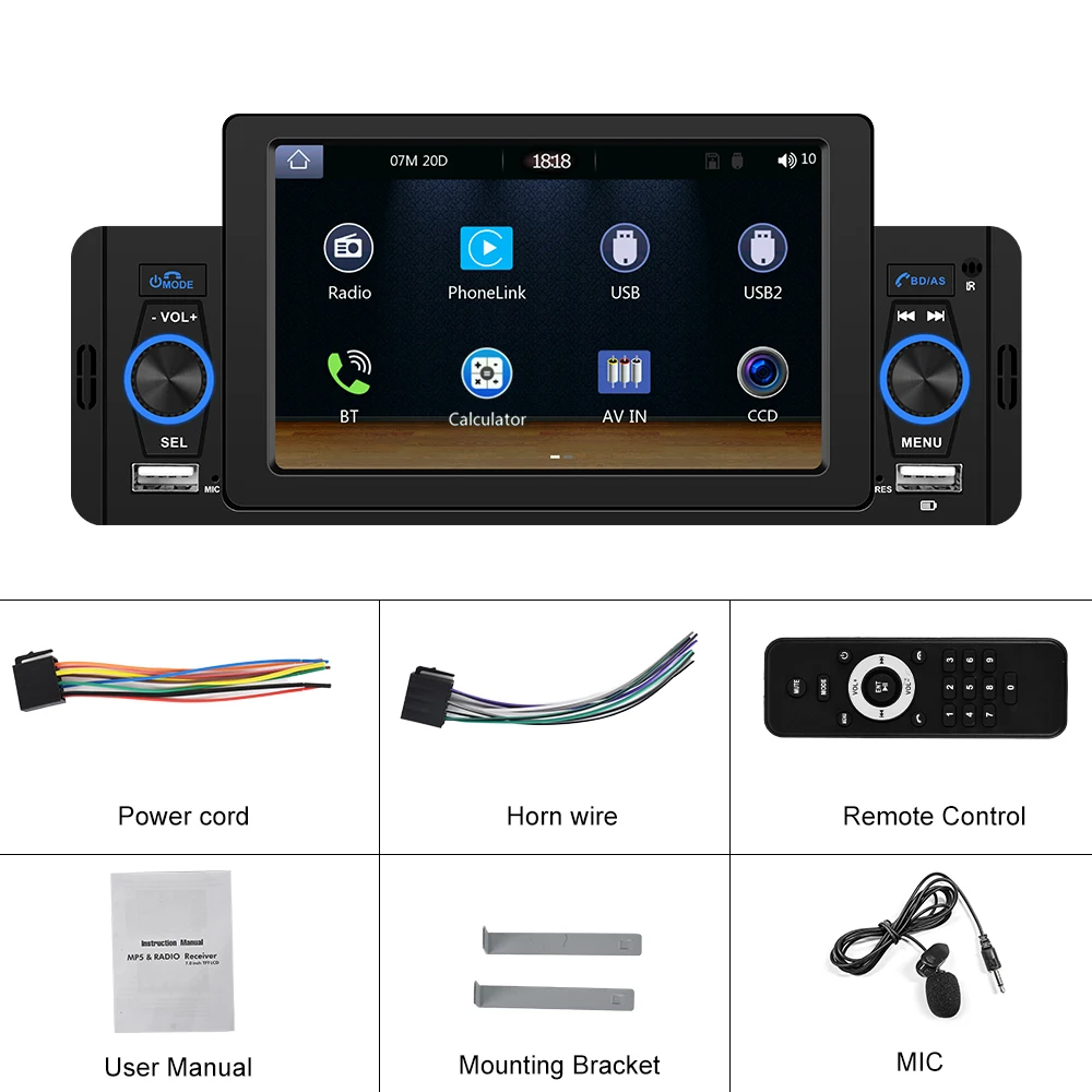 Podofo 5 Inch 1 Din Car Radio With Carplay Android Auto Car Stereo