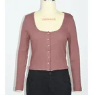 WOMENS COTTON SPANDEX UNREGULAR RIB BIG STRETCHMENT DEEP U NECK LONG SLEEVE BUTTON UP TOP