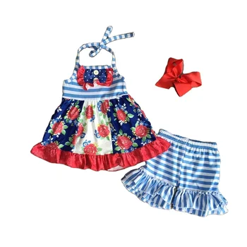 baby girls children clothes kidswear outfits sky blue red floral stripe sleeveless shorts set ruffle cotton ruffle boutique