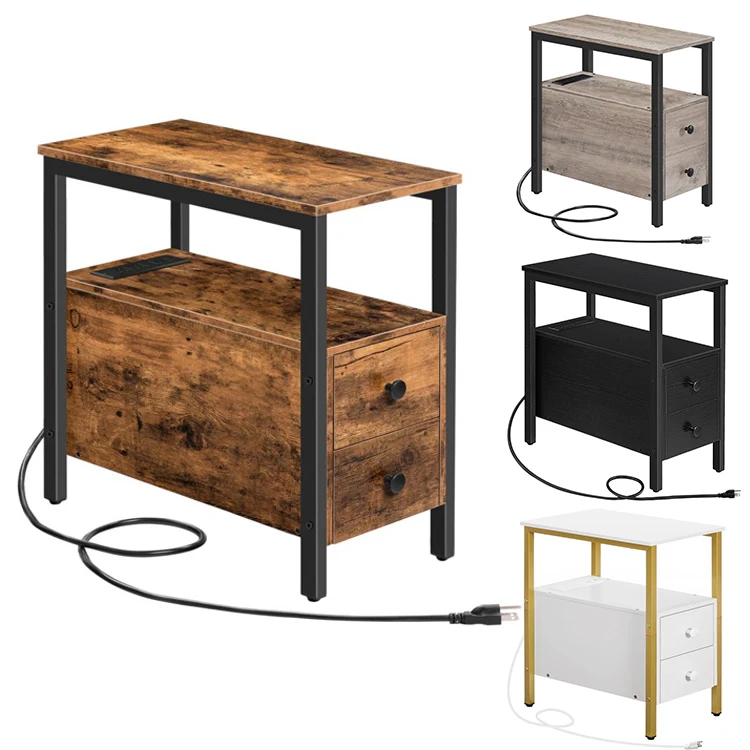 Wholesale Wooden Metal Rustic Bedside Nightstand Sofa End Table Narrow Side Table With Charging Station for Living Room Bedroom