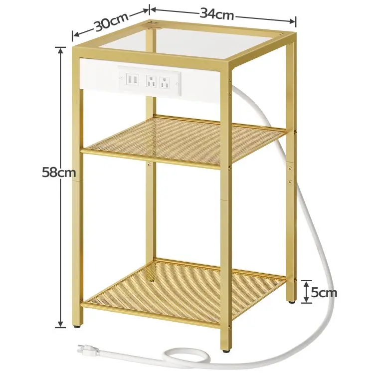 Wholesale Gold and Black Living Room Glass Side Bedside Tables Modern 3-Tier Nightstands with Storage Shelves Charging Station