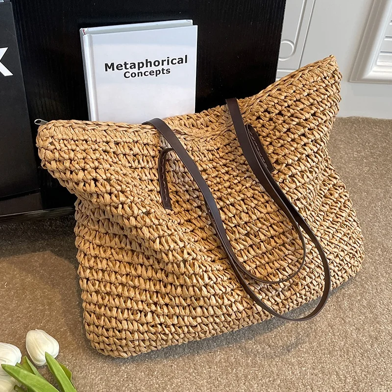 Large Capacity Women's Shoulder Shopping Bag Beach Straw Handbag Woven Knitted Crochet Tote Polyester