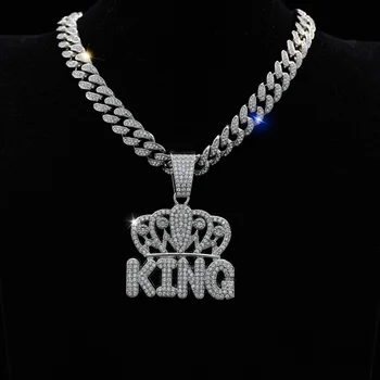 iced Out Chain King Necklace Letter with Crown Pendant for Mens Gold King Link Chain Rhinestone King Crown for Hip-Hop Jewelry