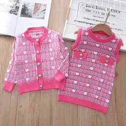 Hot selling toddler baby girls knitted sweater cardigan vest dress two-piece boutique girls clothes for Valentine's Day