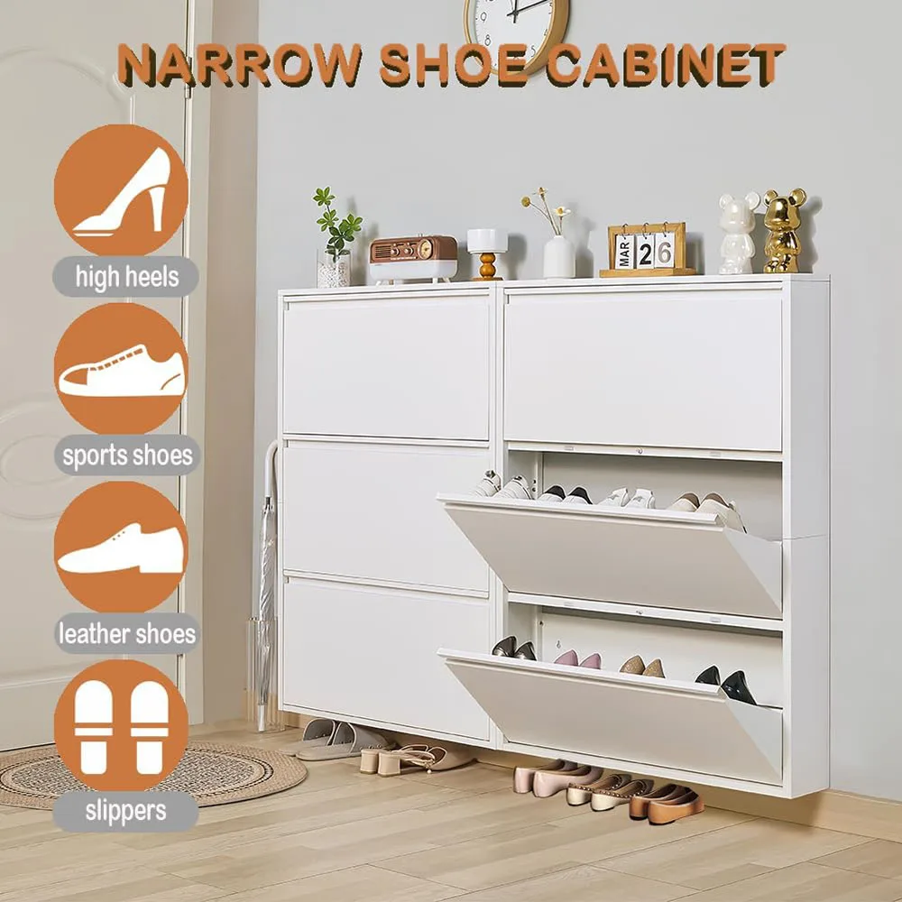 White MDF Shoe Storage Cabinet with 3 Flip Drawers Slim Narrow Hidden Metal Rack for Entryway Home Furniture details