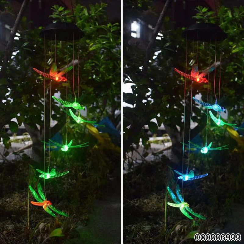 Dragonfly shape wind chimes hanging decorations glass led pendant solar lamp for bedside living room