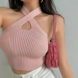New Fashion Women Halter Knit Tops Female Knitted Off Shoulder Crop Tops Cross Strappy Custom Sexy Tank Tops