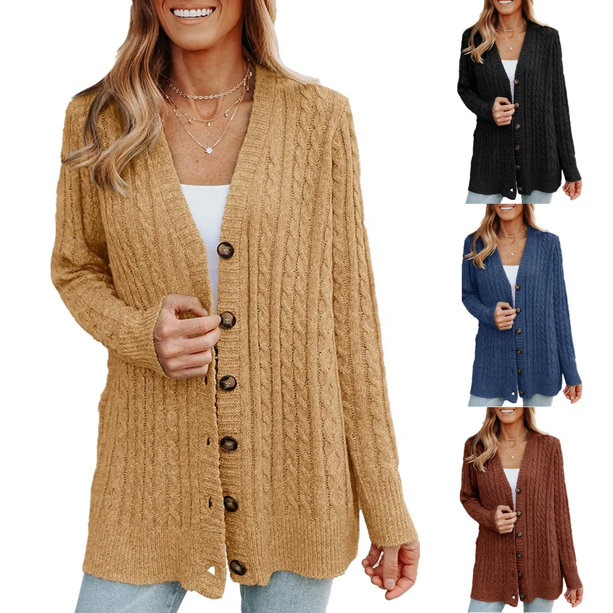 High Quality Casual Thick Sweater Jacket Rayon Blank Custom Knitted Long Cardigan Sweater for Women