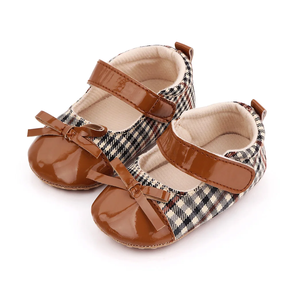 Baby Girls Cute Matching Plaid Solid Leather Bow Infants Soft Soled Princess Toddler Shoes manufacture