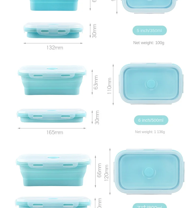 Folding Silicone Lunch Box Portable Crisper Microwave Oven Bento Box Plastic Square Lunch Box Refrigerator Storage Box Wholesale