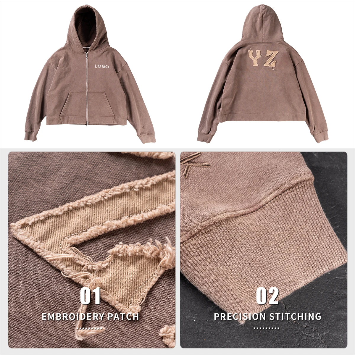 product vintage acid wash oversized boxy cropped hoodie custom heavyweight cotton streetwear embroidery design zip up hoodie for men-4