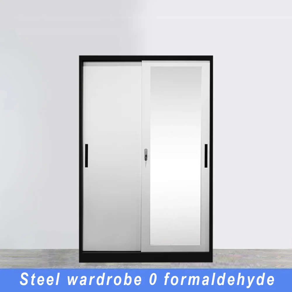 Bedroom Metal Iron Closet Wardrobe with 2 Sliding Doors & Mirror Printed Steel Cabinet Home Use Elegant Wardrobe Bedroom Decor