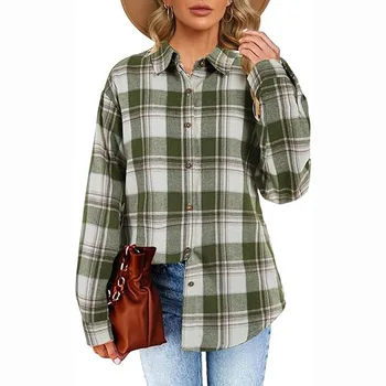 2024 Plaid women's shirts long sleeve button down flannel shirts 100% cotton customize shirts for women