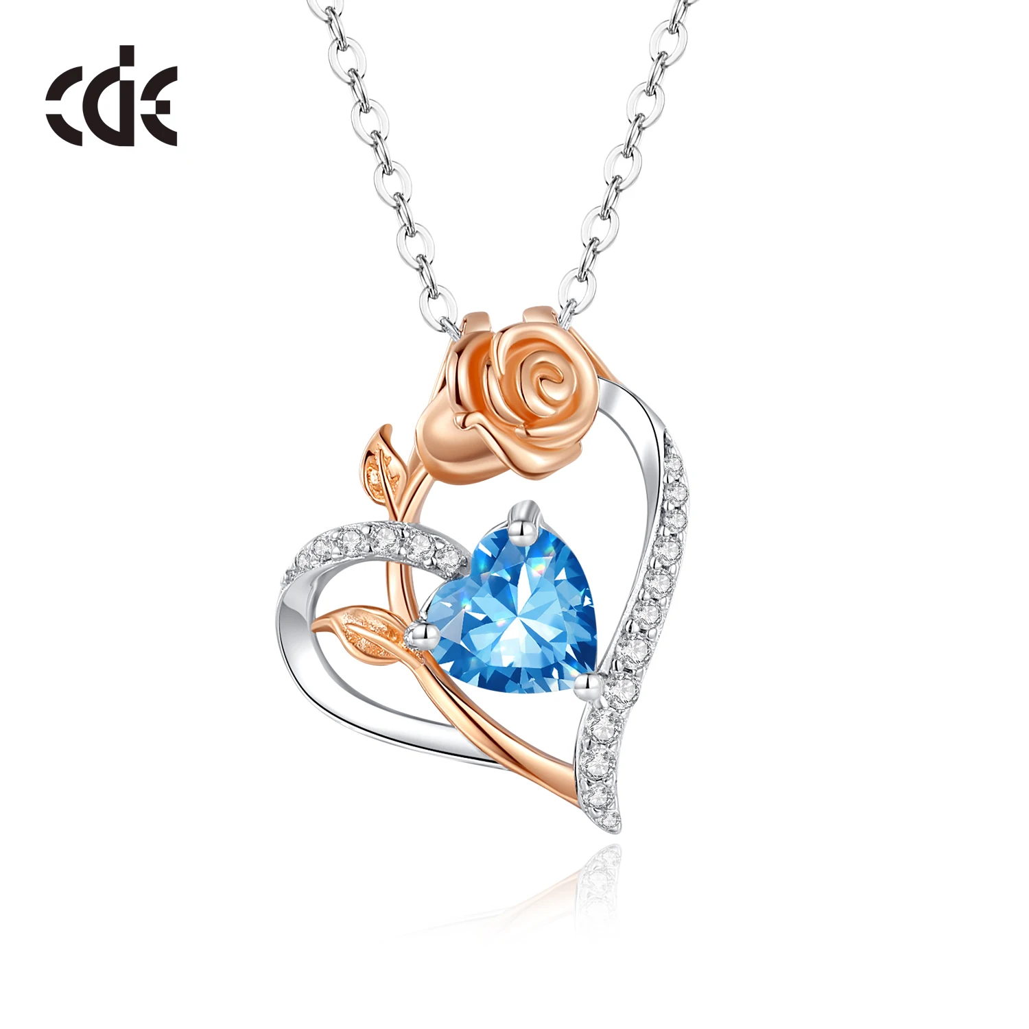 CDE YN1172 Silver Birthstone Jewelry 925 Sterling Silver Heart Necklace For Women Rose Flower Crystal Heart-Shaped Necklace