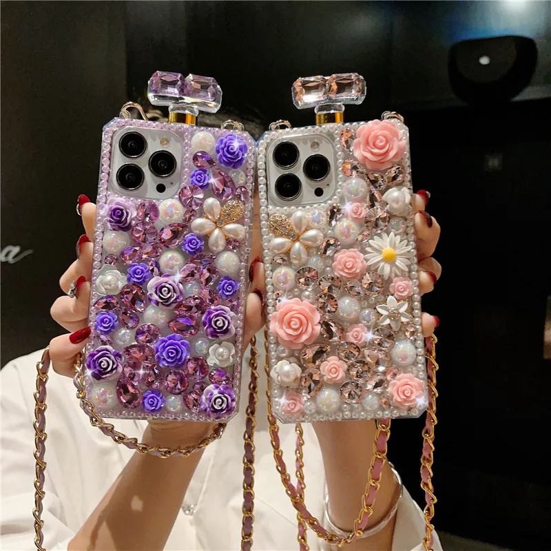 Luxury Bling Diamond Crossbody Phone Case For iPhone 14 13 12 11 Pro Max With Chain