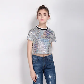 Custom White Sequins Reflective Wholesale Cropped Top T Shirt For Girls