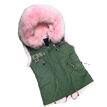Girls Army Green Short Vest Beads Decoration Fashion Ladies Wear Winter Warm Pink Faux Fur Waistcoat