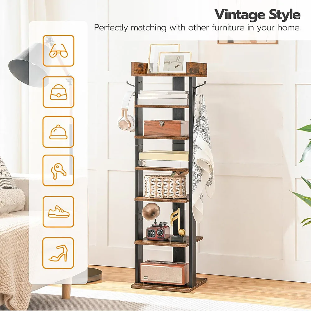 7 Tier Rustic Brown Wooden Vertical Shoe Rack Modern Design Narrow Space-Saving Shoe Tower for Bedroom & Living Room details