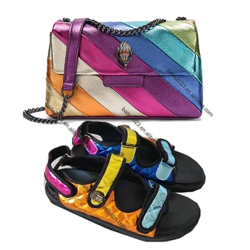 Hot Selling Colorful Striped Rainbow Kurt Purse And Shoes Set Brand Designer PU Leather Crossbody Handbags with Slippers