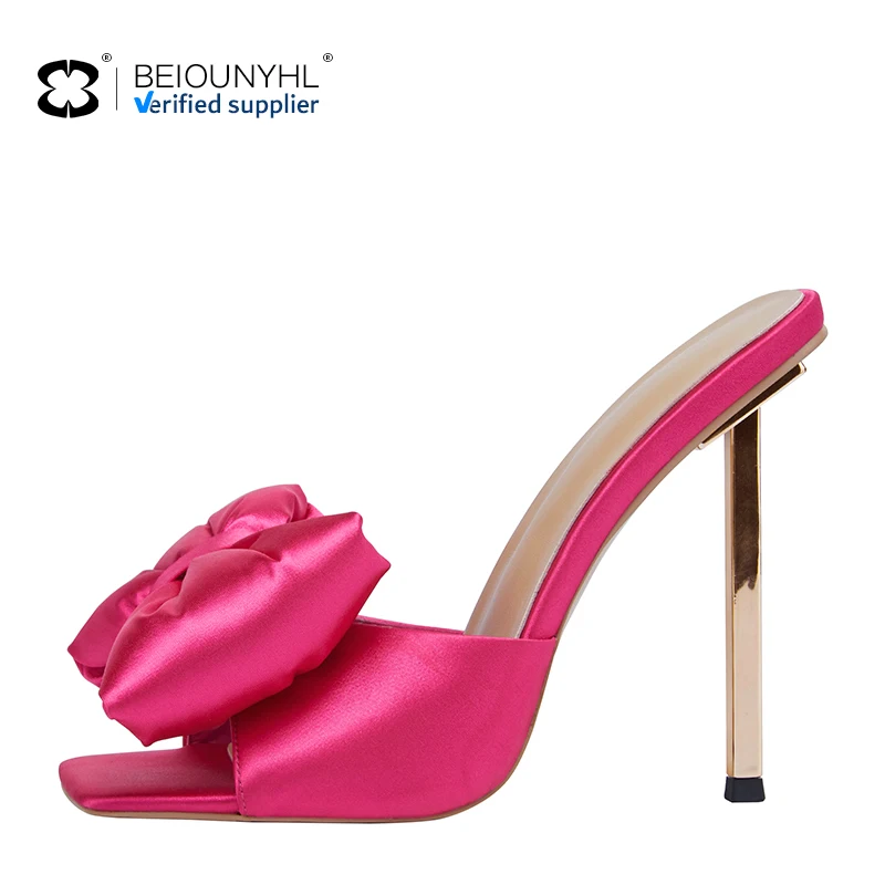 2024 Custom Plus Size Sexy Women Shoes Slippers Sandals Fashion Comfortable Bow-knot Square Toe Summer Metal High Heels Sandals