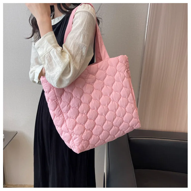 Women's Lightweight Quilted Puffer Tote Bag Cotton Padded Shoulder Handbag with Two Handles Open Closure details