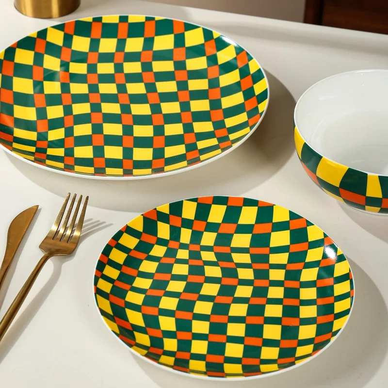 product wholesale porcelain reusable round shape cubic lattice design ceramic dinnerware dessert plate home tableware dinnerware set-2