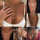 Set Jewelry Metal Multilayer Necklace 3 Piece Set Long Cross Moon Clavicle Chain Pendant Womens Jewelry Set