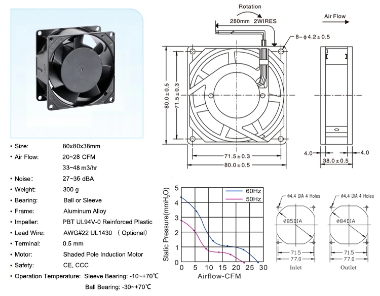 Axial Fan, 8038, 80mm, 80x80x38mm, 110V - detail 4