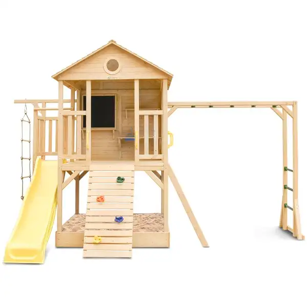 wooden wendy house with slide and swing