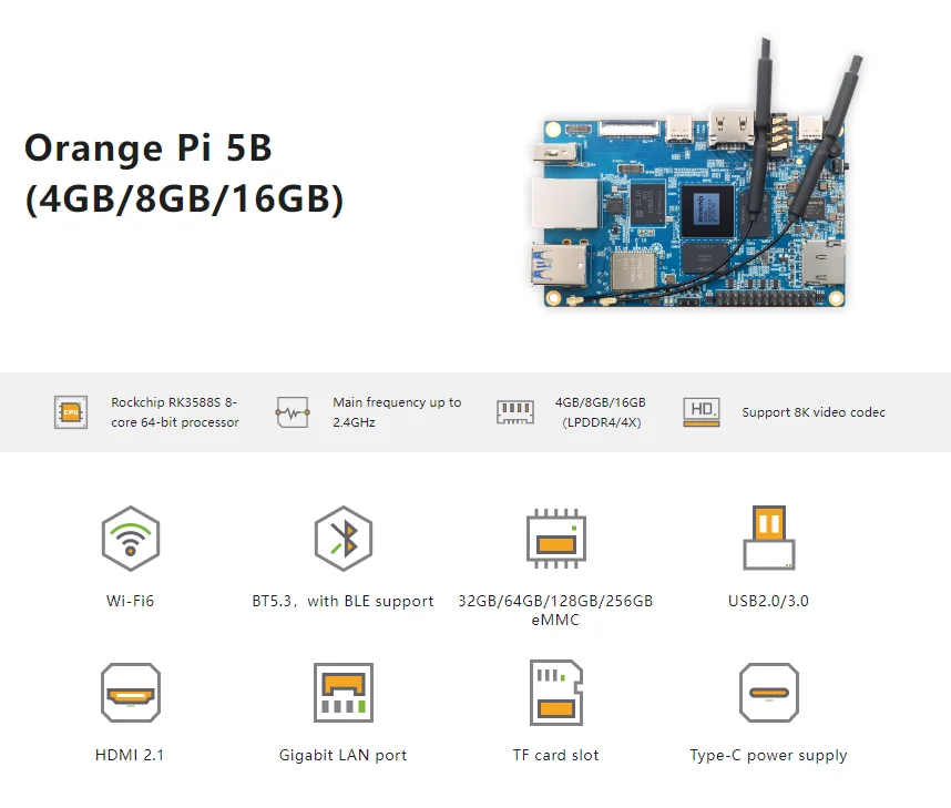 Orange Pi 5b Single Board Computer Rockchip Rk3588s 8 Core 64 Bit Wi