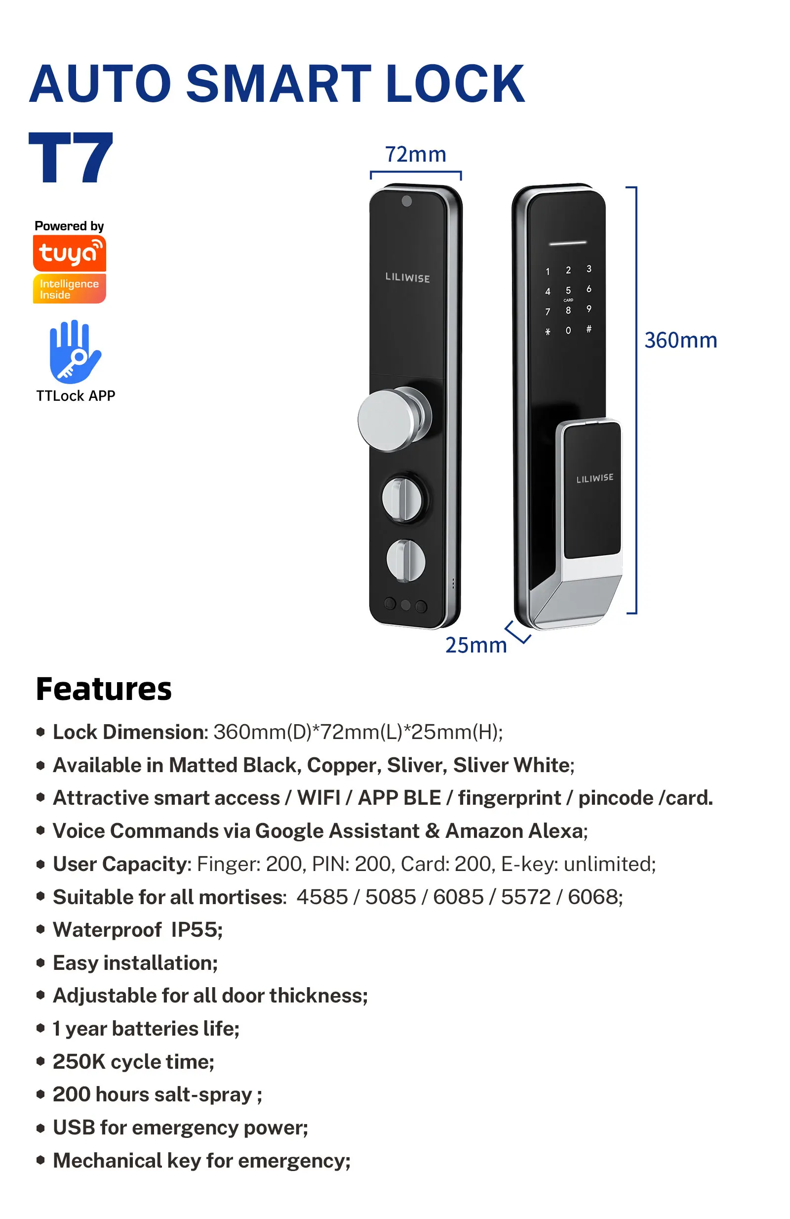 Fully Automatic Smart Door Lock with 4585/5085/6085/5572/6068 Gear Mortise 200 Card Capacity and 150 Password Capacity