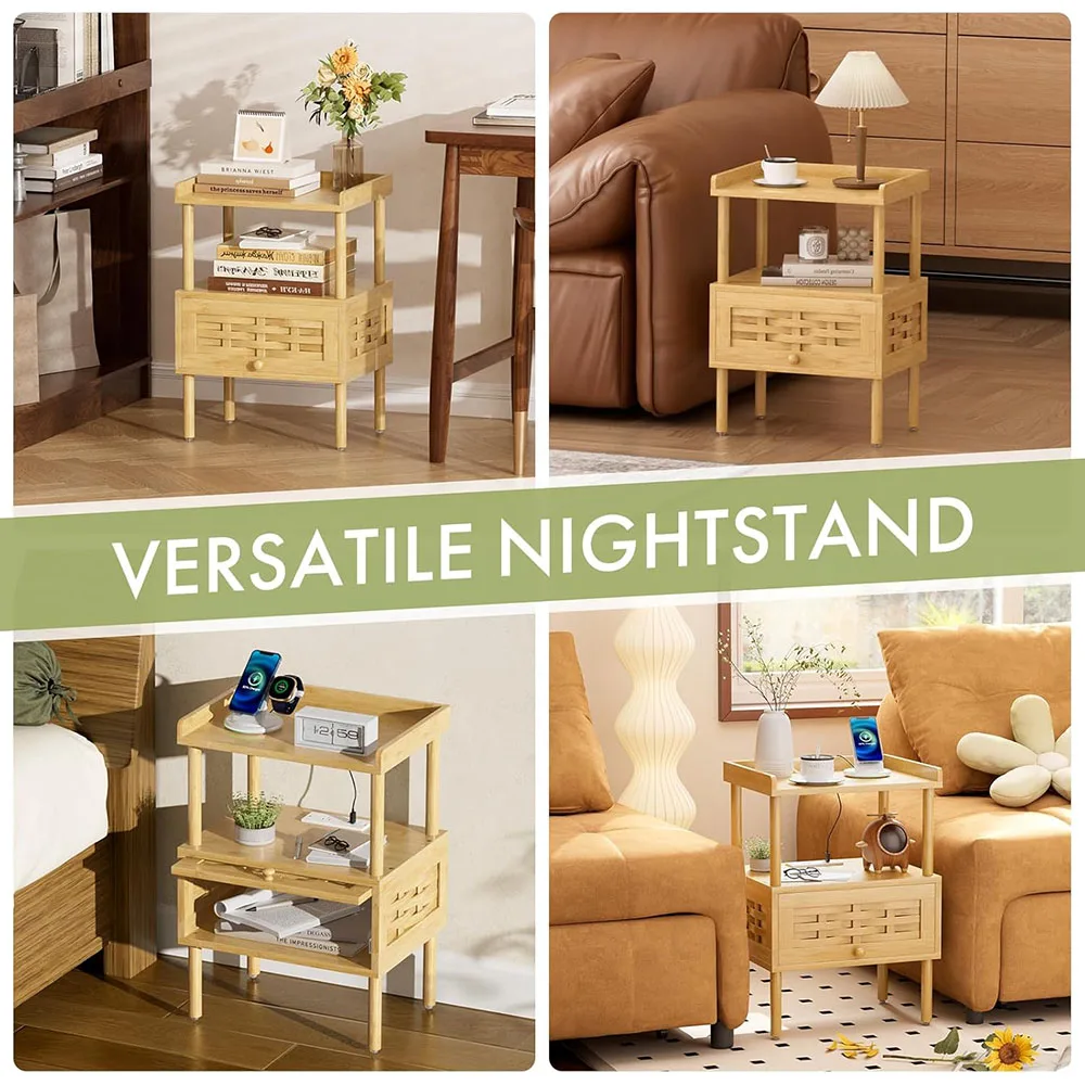 product modern bamboo nightstand with charging station bedside table with usb ports outlets night stand for bedroom use-4