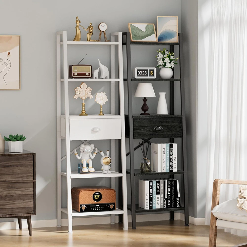 5 Tier Wooden/Metal Modern Bookshelf Ladder Shelf Drawer Tall Narrow Storage Organizer for Living Room Home Office manufacture