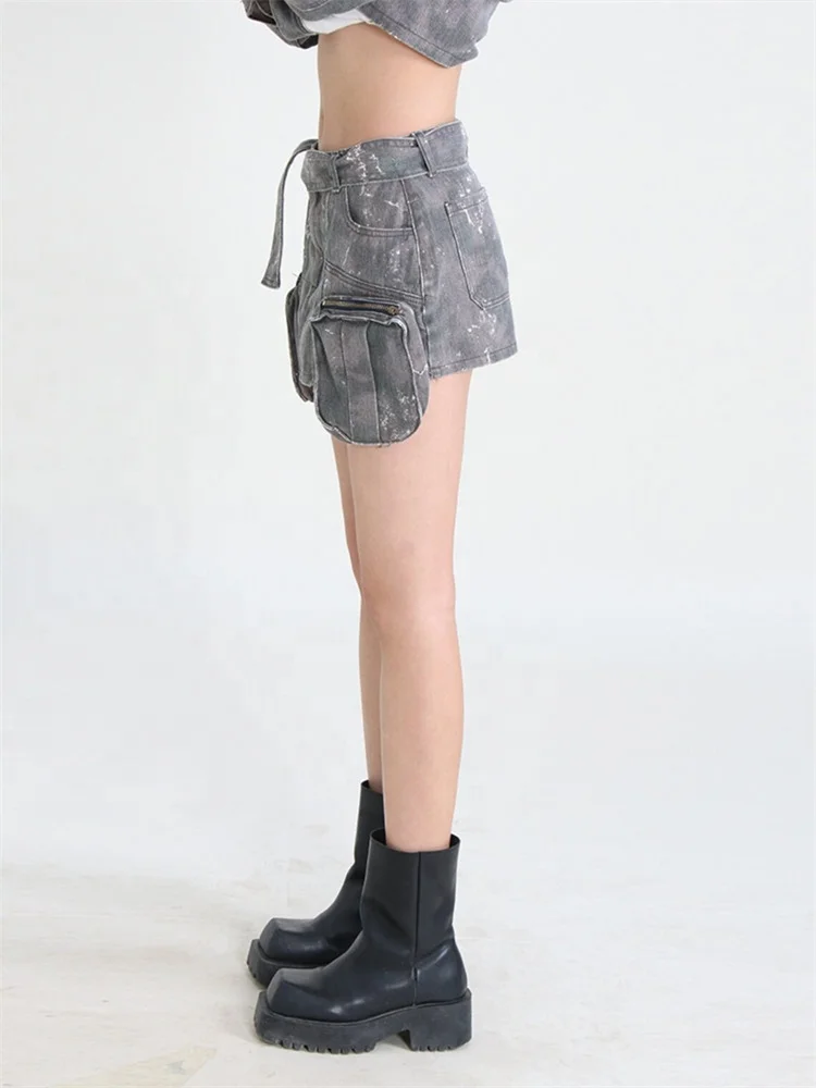 Camouflage Cargo Denim Skirt Women's Summer Retro Pocket Femme High Waisted Short Jeans Skirt